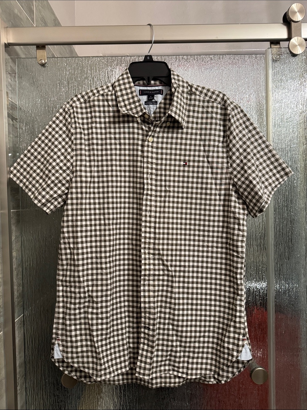 Tommy Hilfiger Brown and White Checked Short-Sleeve Button-Down Shirt